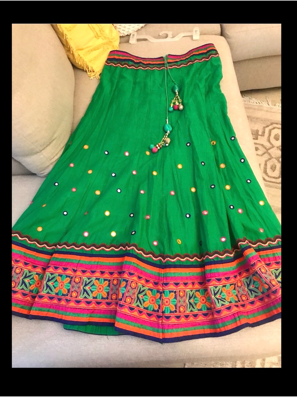 Embroidered Green Boho Maxi Skirt with Tassel Tie